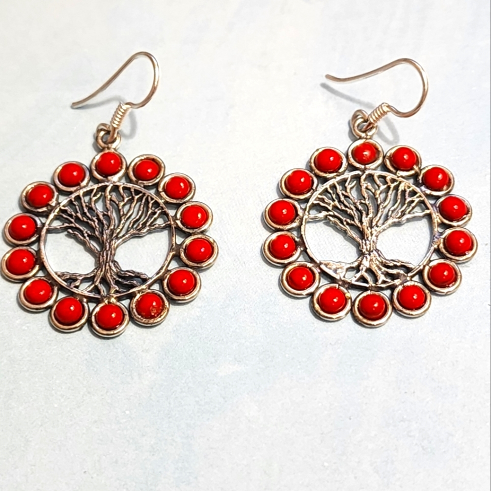 Tree of Life Coral and Sterling Silver Earrings